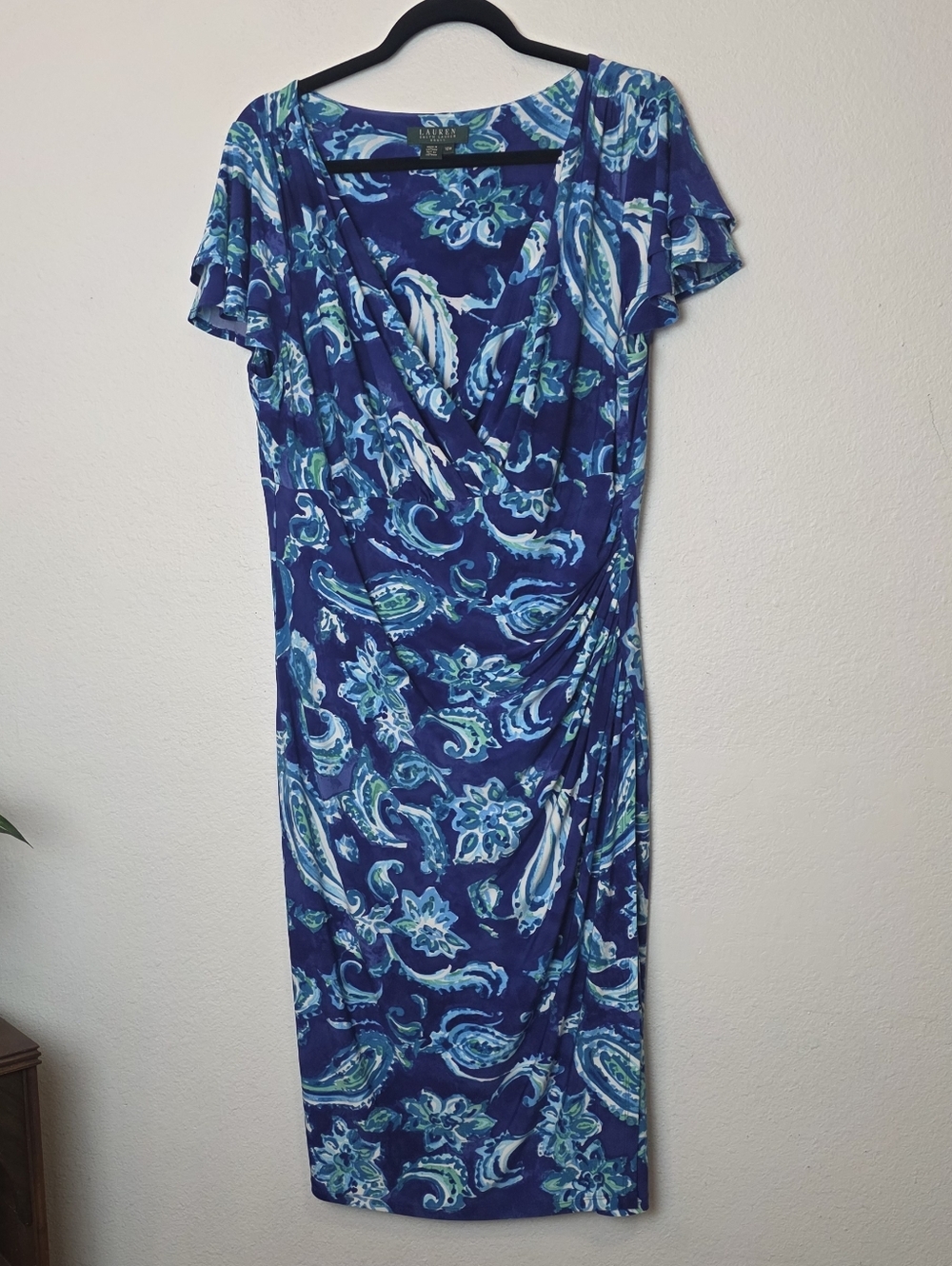 RALPH LAUREN Plus Size 16W Blue Floral Paisley Wrap Dress Stretchy Wedding - Picture 2 of 13